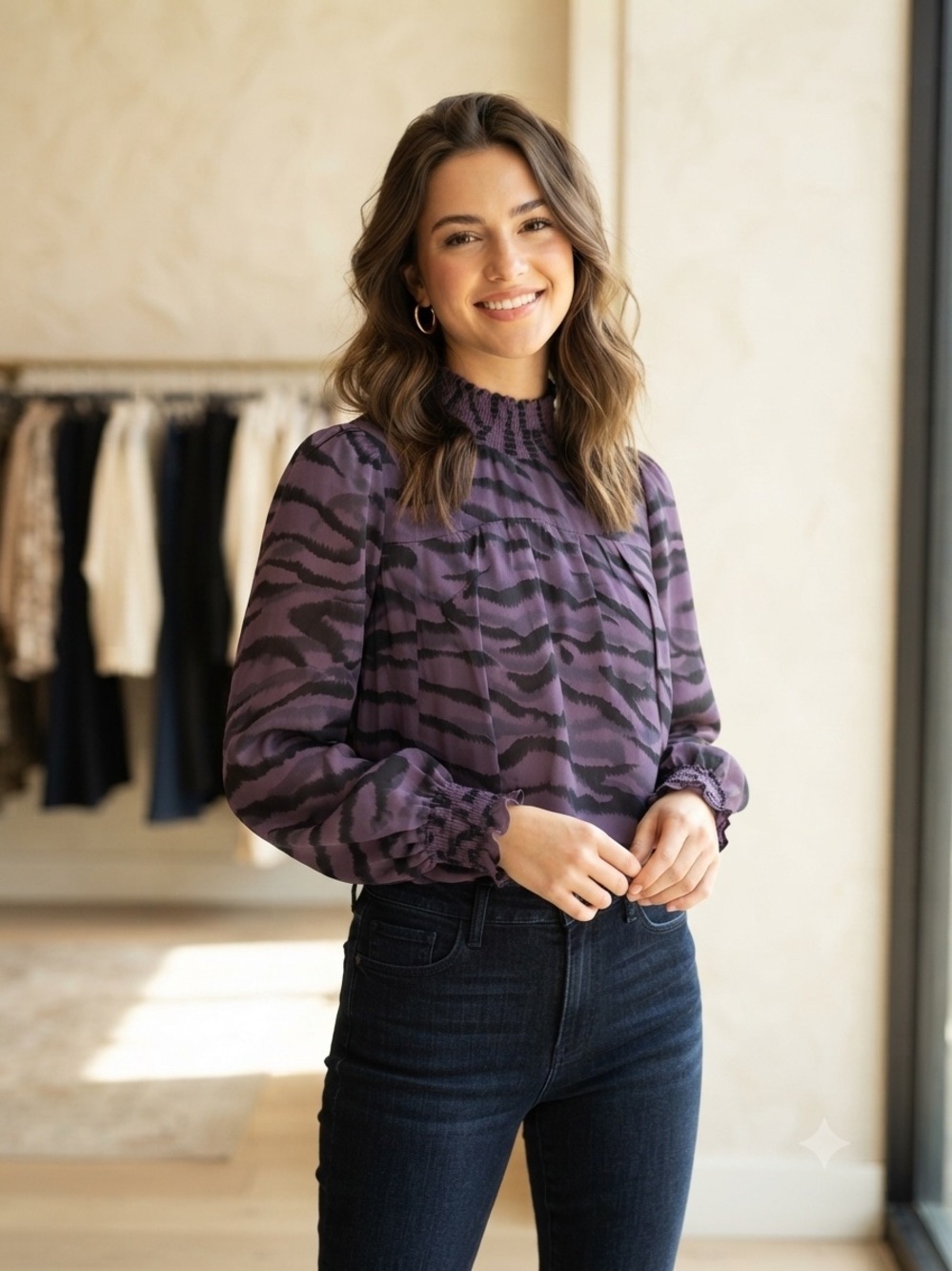 Zac & Rachel Purple Printed Smocked-Neck Long Sleeve Blouse
